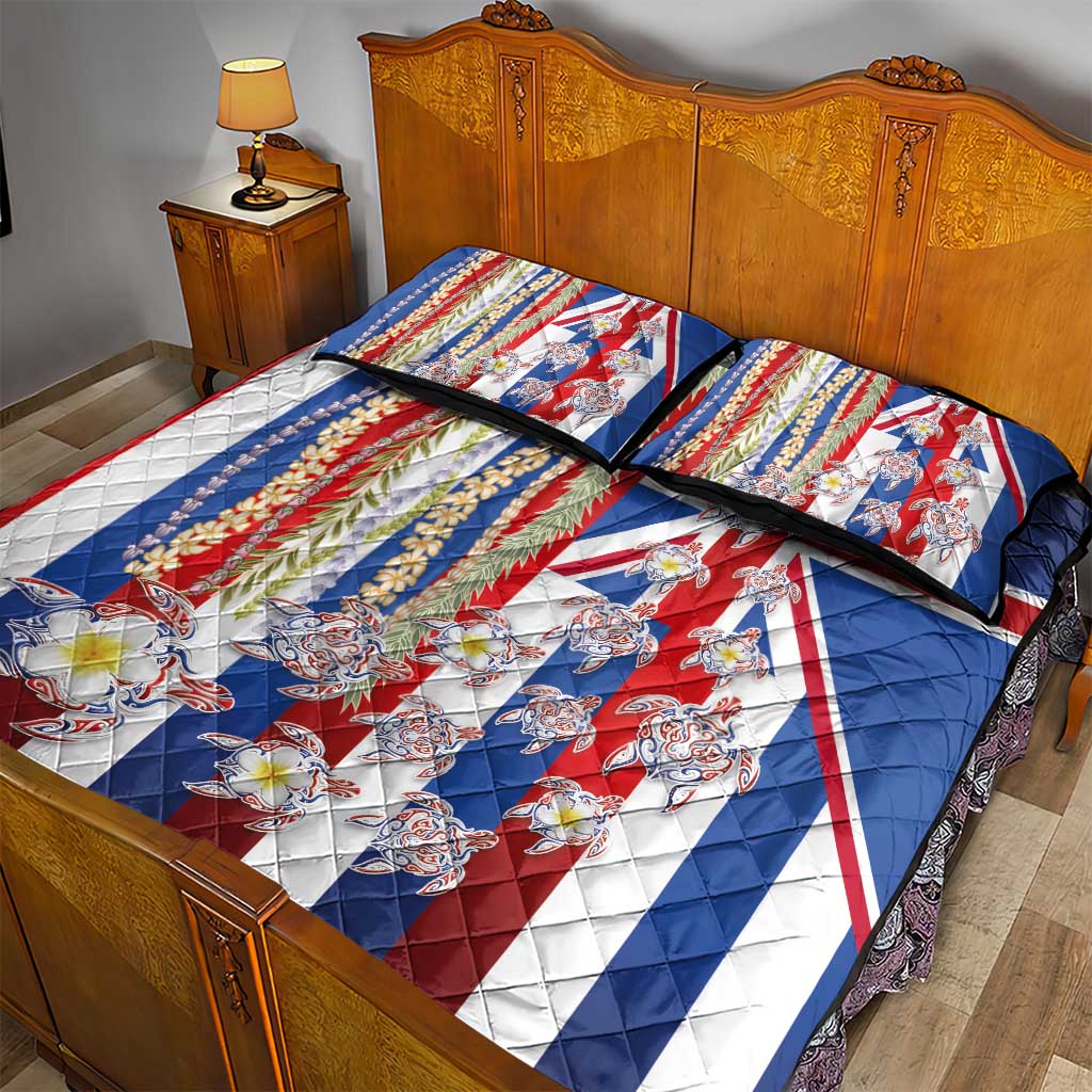 Hawaiian Polynesian Tribal Turtles Quilt Bed Set with Lei and Flag Style