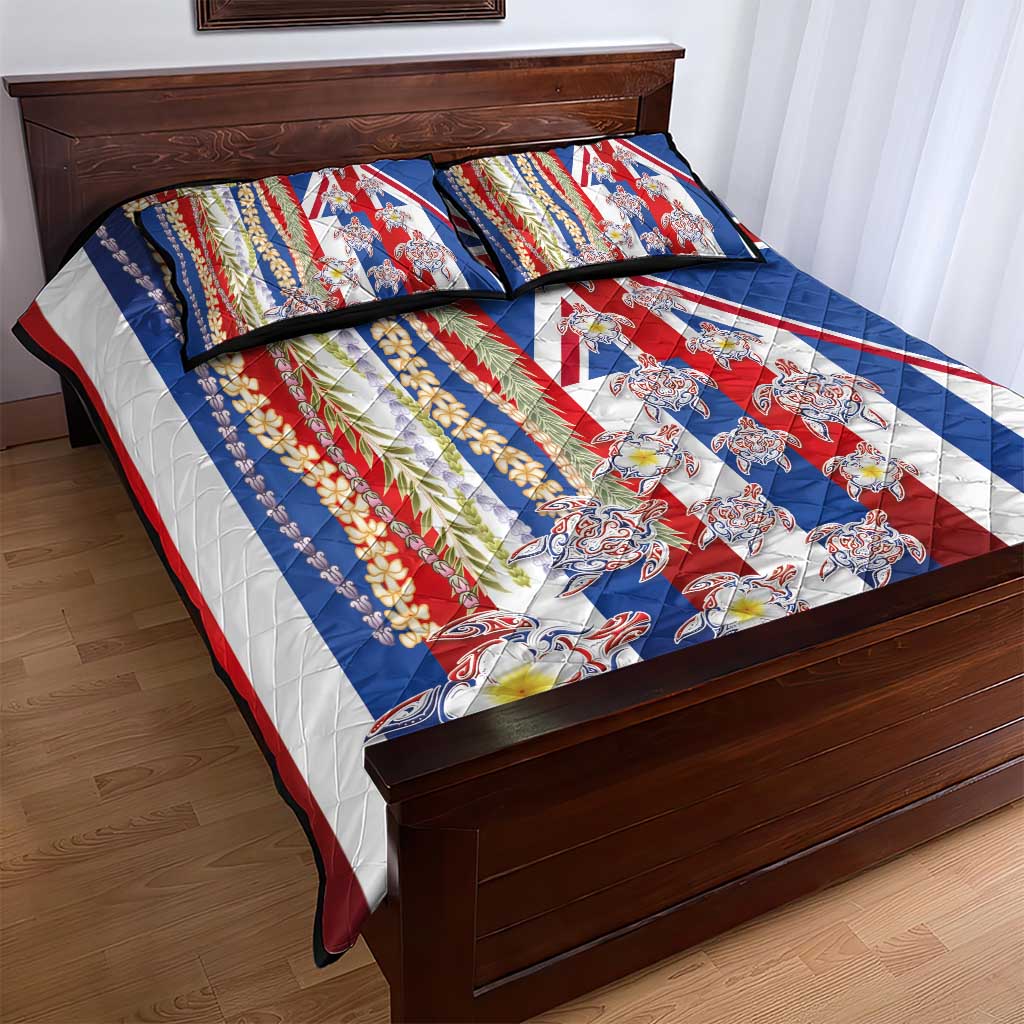 Hawaiian Polynesian Tribal Turtles Quilt Bed Set with Lei and Flag Style