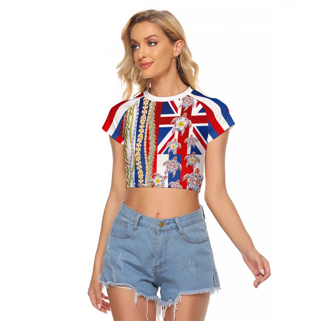 Hawaiian Polynesian Tribal Turtles Raglan Cropped T Shirt with Lei and Flag Style