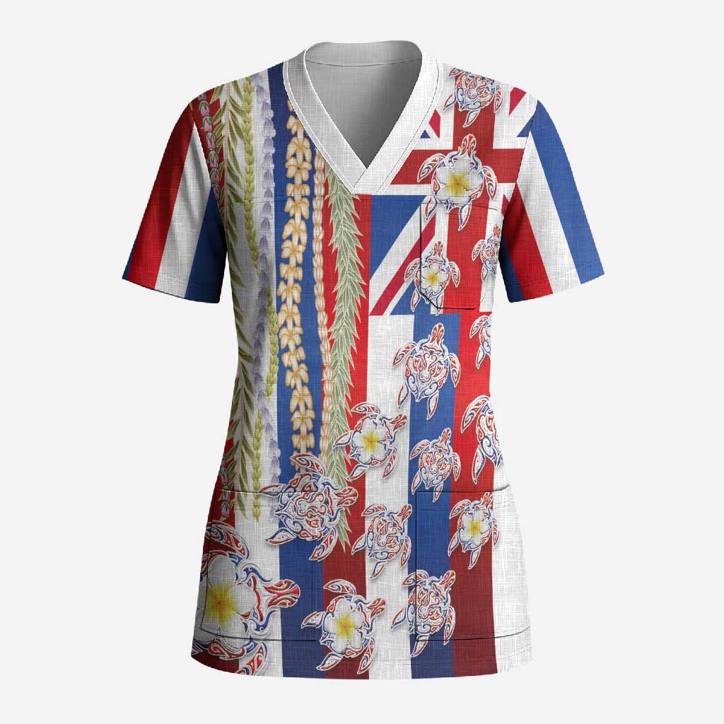 Hawaiian Polynesian Tribal Turtles Scrub Top with Lei and Flag Style LT03 Adult Multicolor - Polynesian Pride