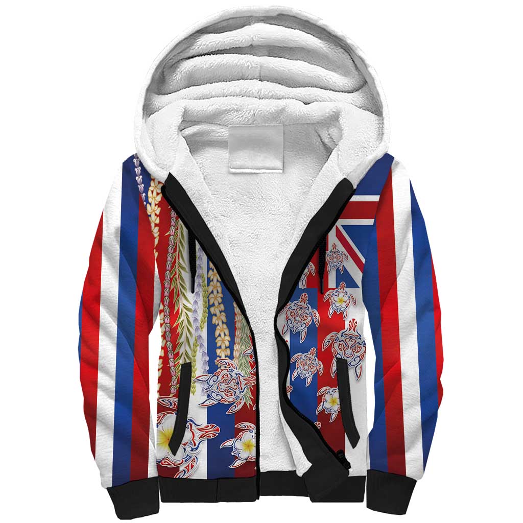 Hawaiian Polynesian Tribal Turtles Sherpa Hoodie with Lei and Flag Style