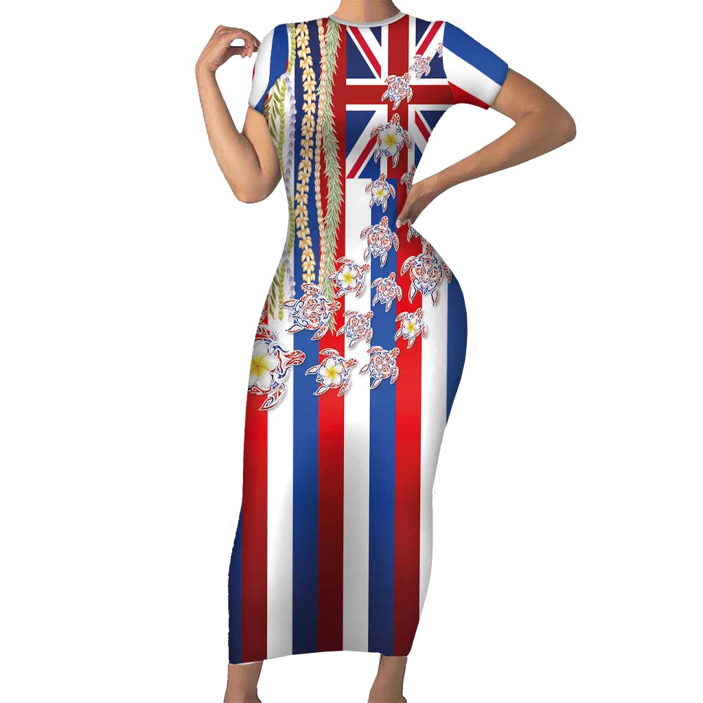 Hawaiian Polynesian Tribal Turtles Short Sleeve Bodycon Dress with Lei and Flag Style LT03 Long Dress Multicolor - Polynesian Pride