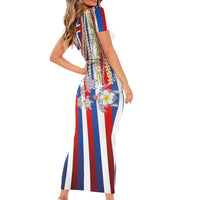 Hawaiian Polynesian Tribal Turtles Short Sleeve Bodycon Dress with Lei and Flag Style LT03 - Polynesian Pride