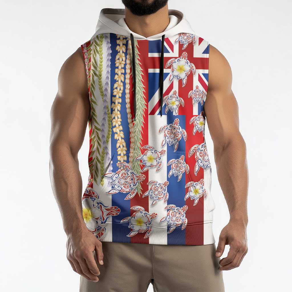 Hawaiian Polynesian Tribal Turtles Sleeveless Hoodie with Lei and Flag Style