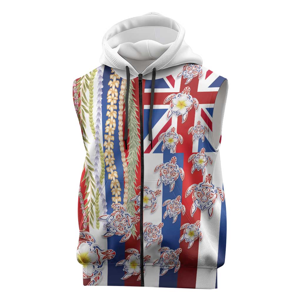 Hawaiian Polynesian Tribal Turtles Sleeveless Zip Hoodie with Lei and Flag Style