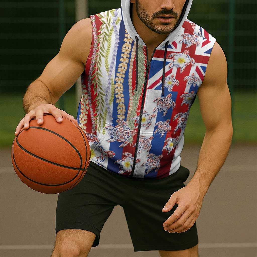 Hawaiian Polynesian Tribal Turtles Sleeveless Zip Hoodie with Lei and Flag Style