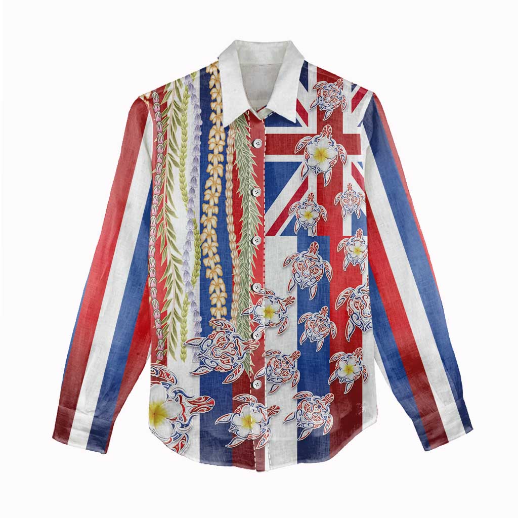 Hawaiian Polynesian Tribal Turtles Women Casual Shirt with Lei and Flag Style LT03 - Polynesian Pride