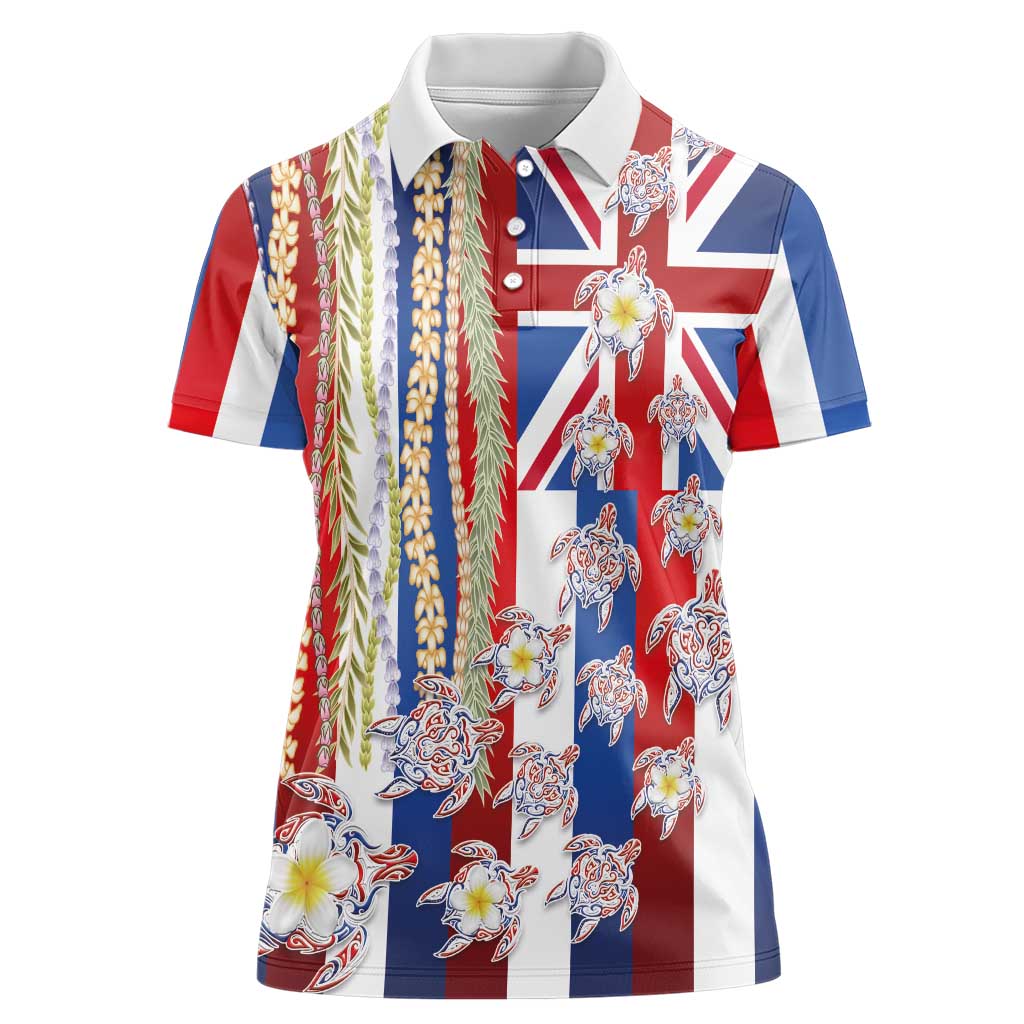 Hawaiian Polynesian Tribal Turtles Women Polo Shirt with Lei and Flag Style