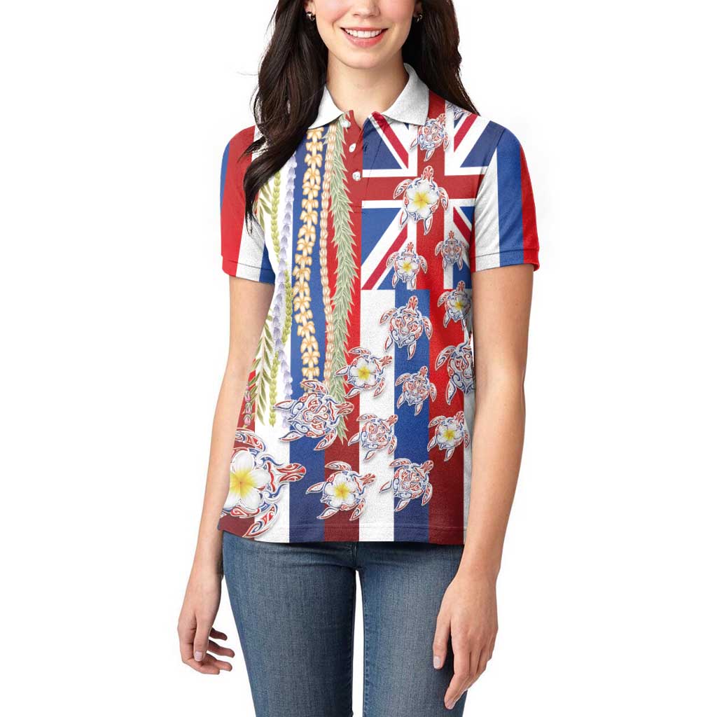 Hawaiian Polynesian Tribal Turtles Women Polo Shirt with Lei and Flag Style LT03 - Polynesian Pride