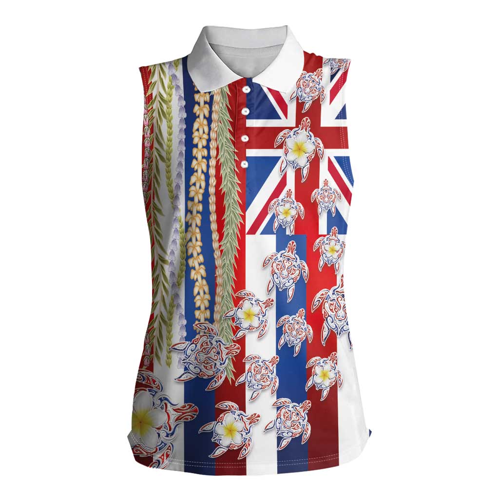 Hawaiian Polynesian Tribal Turtles Women Sleeveless Polo Shirt with Lei and Flag Style