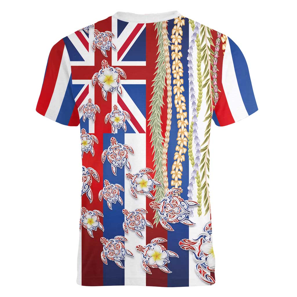 Hawaiian Polynesian Tribal Turtles Women V-Neck T-Shirt with Lei and Flag Style LT03 - Polynesian Pride