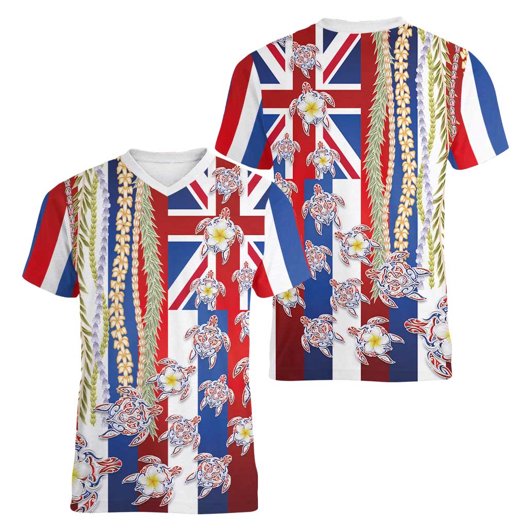 Hawaiian Polynesian Tribal Turtles Women V-Neck T-Shirt with Lei and Flag Style LT03 - Polynesian Pride