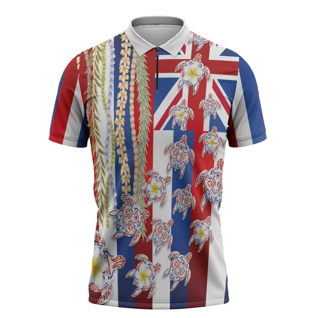 Hawaiian Polynesian Tribal Turtles Zipper Polo Shirt with Lei and Flag Style
