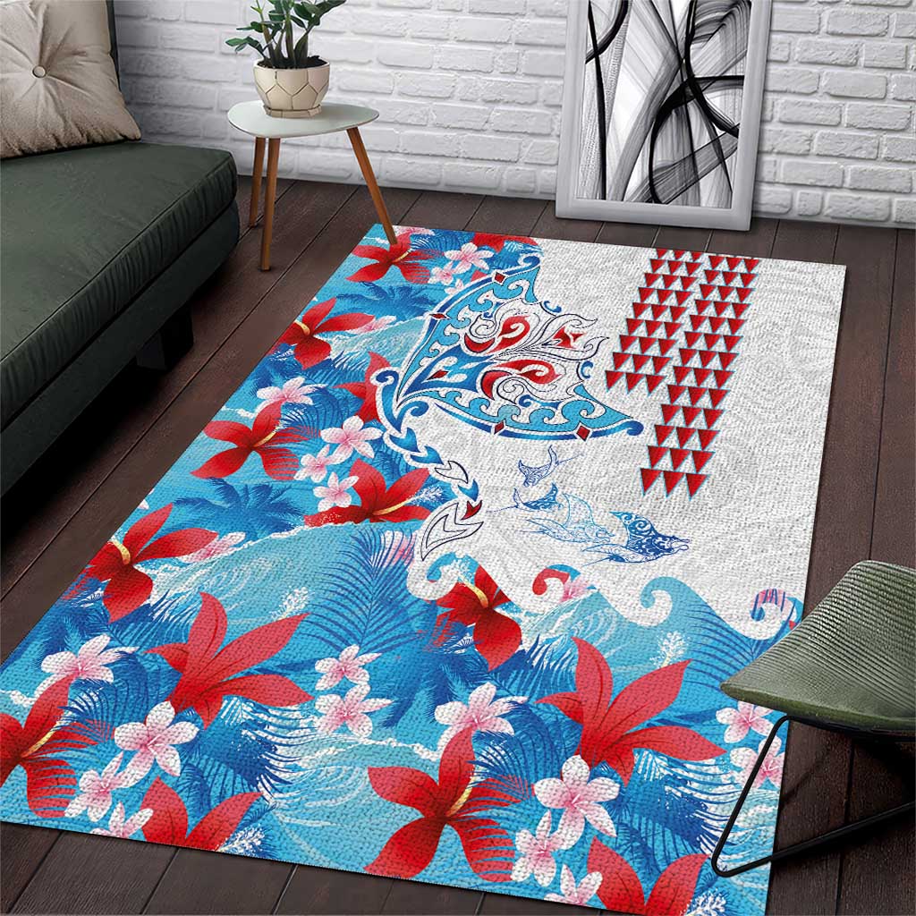 Hawaiian Tribal Manta Ray Area Rug Kakau Tattoo and Flowers Surfing Waves Pattern Ocean Color LT03 Multicolor - Polynesian Pride