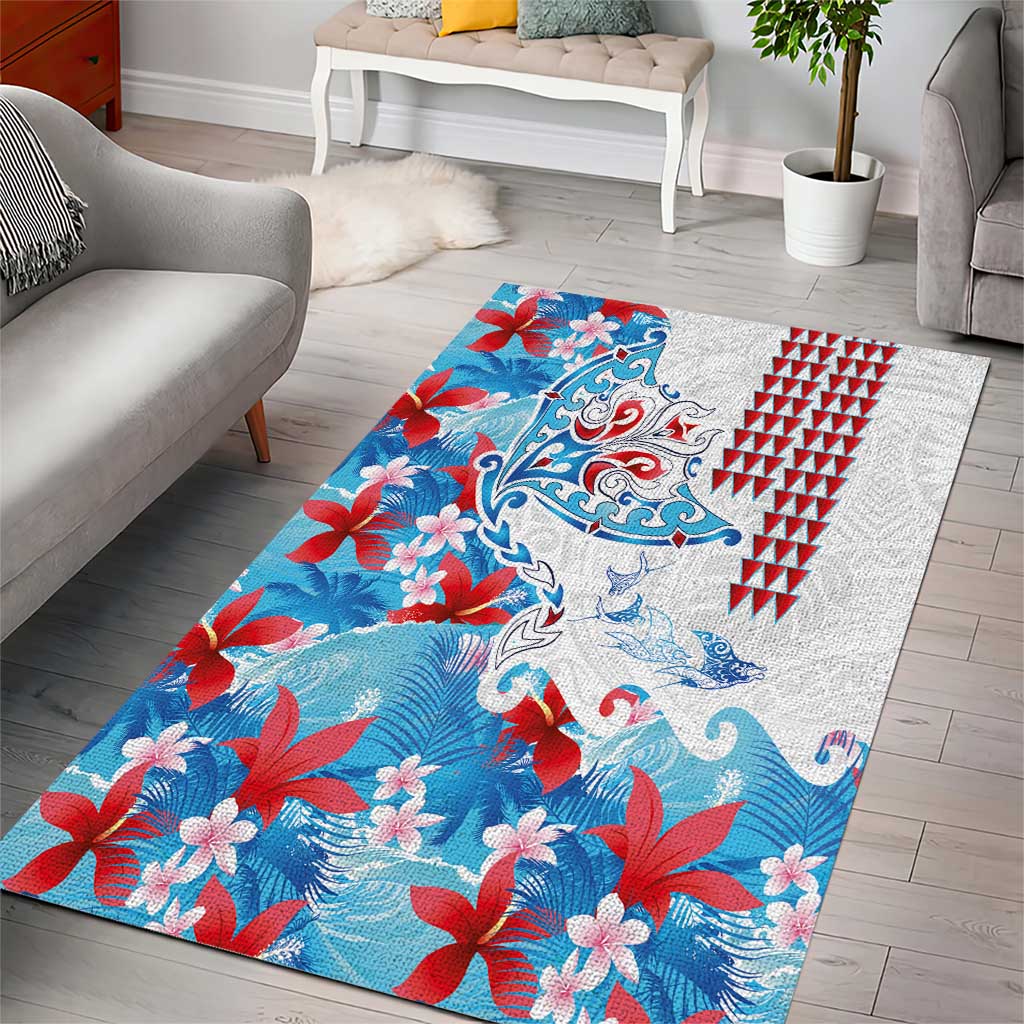 Hawaiian Tribal Manta Ray Area Rug Kakau Tattoo and Flowers Surfing Waves Pattern Ocean Color LT03 - Polynesian Pride