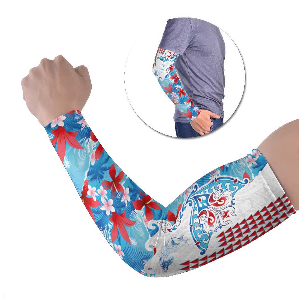 Hawaiian Tribal Manta Ray Arm Sleeves Kakau Tattoo and Flowers Surfing Waves Pattern Ocean Color