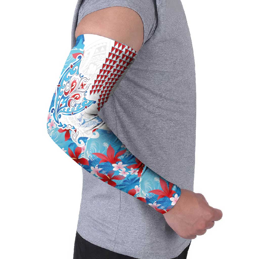Hawaiian Tribal Manta Ray Arm Sleeves Kakau Tattoo and Flowers Surfing Waves Pattern Ocean Color LT03 - Polynesian Pride