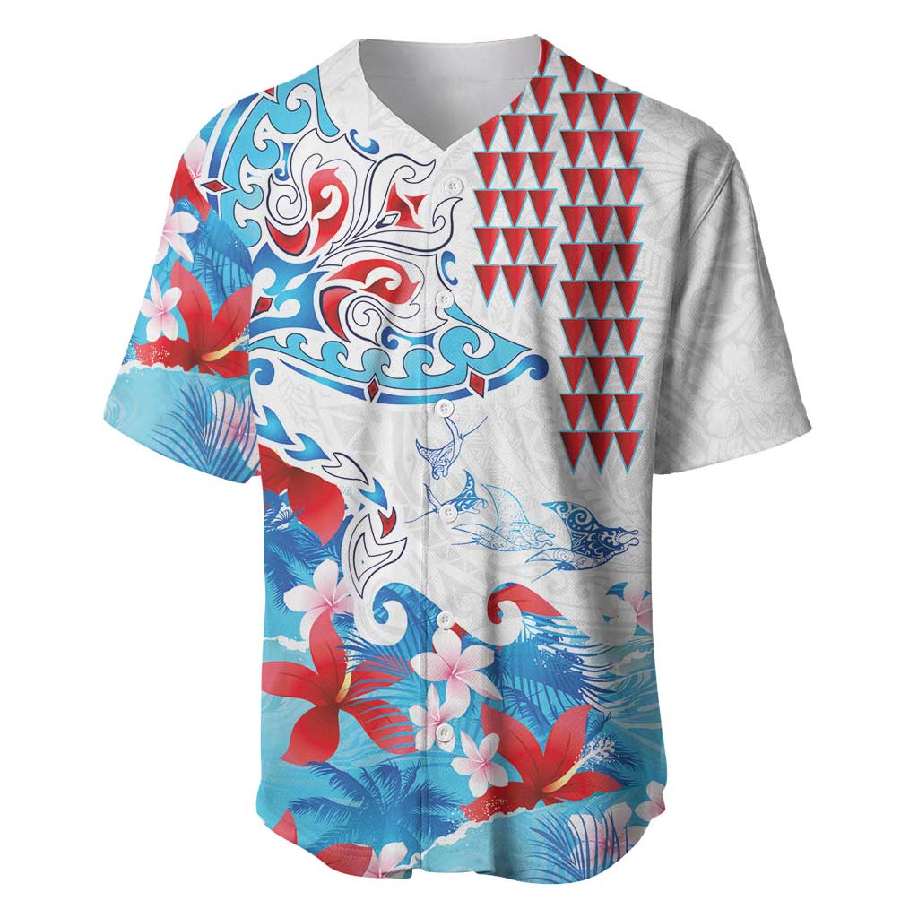 Hawaiian Tribal Manta Ray Baseball Jersey Kakau Tattoo and Flowers Surfing Waves Pattern Ocean Color LT03 Multicolor - Polynesian Pride