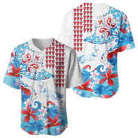 Hawaiian Tribal Manta Ray Baseball Jersey Kakau Tattoo and Flowers Surfing Waves Pattern Ocean Color LT03 - Polynesian Pride