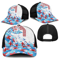 Hawaiian Tribal Manta Ray Baseball Net Cap Kakau Tattoo and Flowers Surfing Waves Pattern Ocean Color