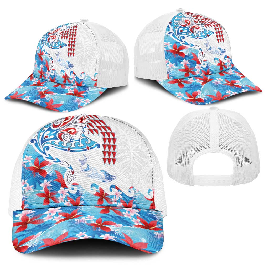 Hawaiian Tribal Manta Ray Baseball Net Cap Kakau Tattoo and Flowers Surfing Waves Pattern Ocean Color