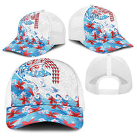 Hawaiian Tribal Manta Ray Baseball Net Cap Kakau Tattoo and Flowers Surfing Waves Pattern Ocean Color