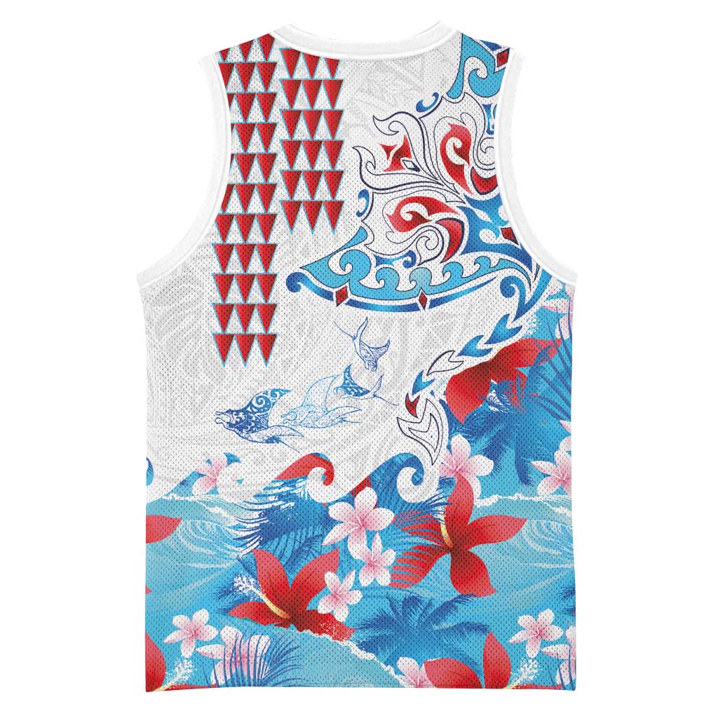Hawaiian Tribal Manta Ray Basketball Jersey Kakau Tattoo and Flowers Surfing Waves Pattern Ocean Color