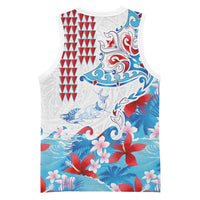 Hawaiian Tribal Manta Ray Basketball Jersey Kakau Tattoo and Flowers Surfing Waves Pattern Ocean Color