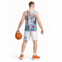 Hawaiian Tribal Manta Ray Basketball Jersey Kakau Tattoo and Flowers Surfing Waves Pattern Ocean Color