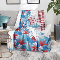 Hawaiian Tribal Manta Ray Blanket Kakau Tattoo and Flowers Surfing Waves Pattern Ocean Color