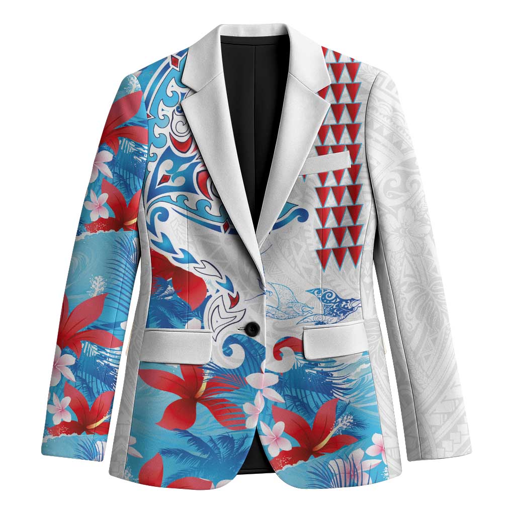 Hawaiian Tribal Manta Ray Blazer Kakau Tattoo and Flowers Surfing Waves Pattern Ocean Color LT03 Unisex Multicolor - Polynesian Pride