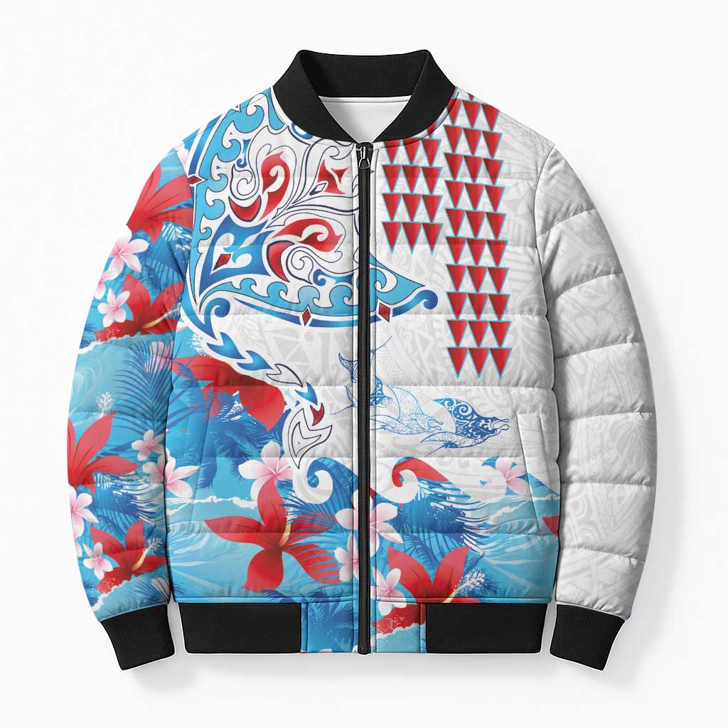 Hawaiian Tribal Manta Ray Bomber Puffer Jacket Kakau Tattoo and Flowers Surfing Waves Pattern Ocean Color