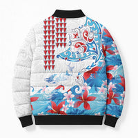 Hawaiian Tribal Manta Ray Bomber Puffer Jacket Kakau Tattoo and Flowers Surfing Waves Pattern Ocean Color