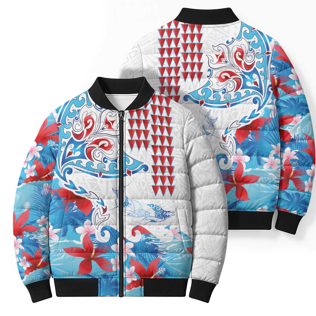Hawaiian Tribal Manta Ray Bomber Puffer Jacket Kakau Tattoo and Flowers Surfing Waves Pattern Ocean Color