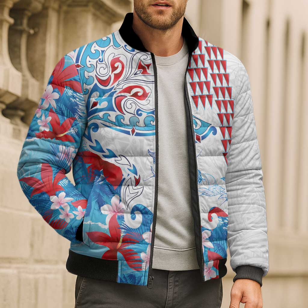 Hawaiian Tribal Manta Ray Bomber Puffer Jacket Kakau Tattoo and Flowers Surfing Waves Pattern Ocean Color