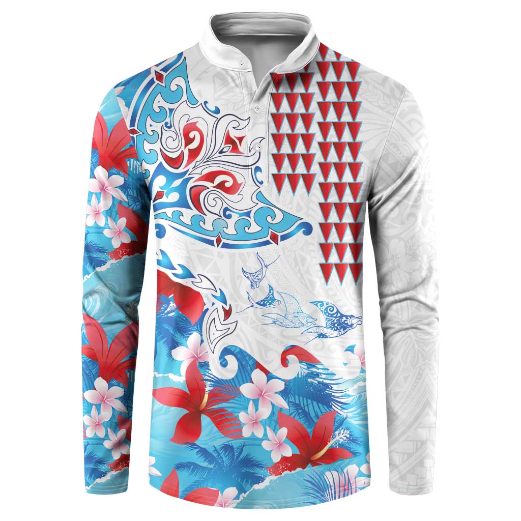 Hawaiian Tribal Manta Ray Button Sweatshirt Kakau Tattoo and Flowers Surfing Waves Pattern Ocean Color LT03 Multicolor - Polynesian Pride