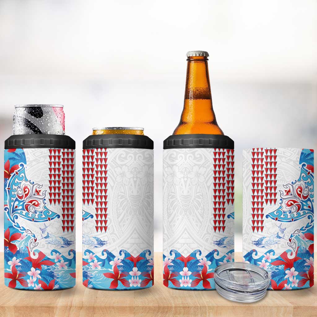 Hawaiian Tribal Manta Ray 4 in 1 Can Cooler Tumbler Kakau Tattoo and Flowers Surfing Waves Pattern Ocean Color