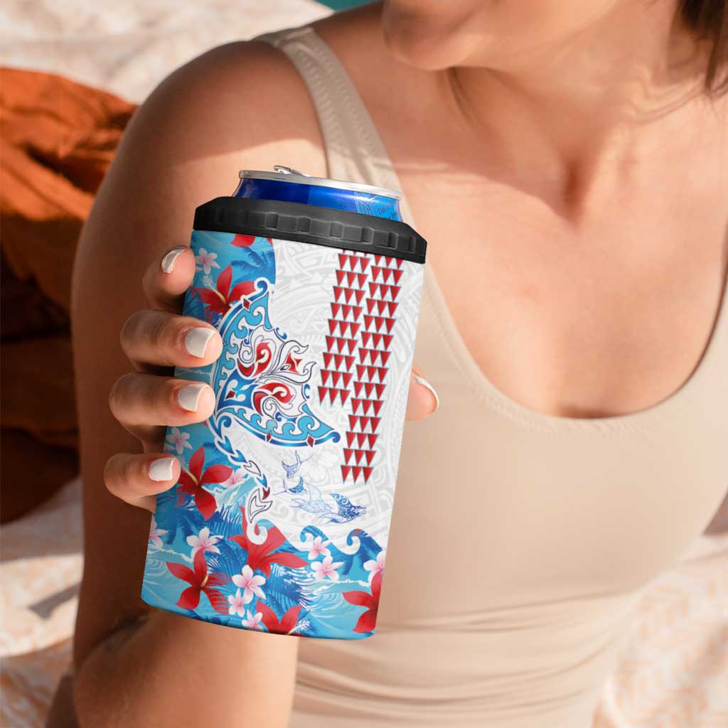 Hawaiian Tribal Manta Ray 4 in 1 Can Cooler Tumbler Kakau Tattoo and Flowers Surfing Waves Pattern Ocean Color