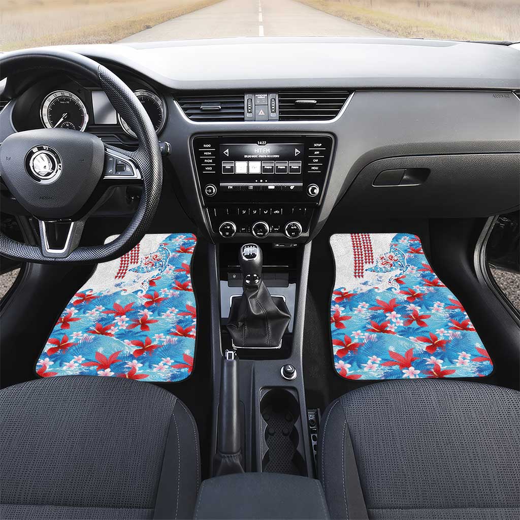 Hawaiian Tribal Manta Ray Car Mats Kakau Tattoo and Flowers Surfing Waves Pattern Ocean Color LT03 Set 2pcs - Front Multicolor - Polynesian Pride