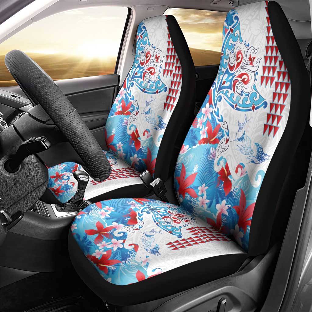 Hawaiian Tribal Manta Ray Car Seat Cover Kakau Tattoo and Flowers Surfing Waves Pattern Ocean Color LT03 - Polynesian Pride
