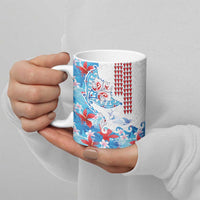 Hawaiian Tribal Manta Ray Ceramic Mug Kakau Tattoo and Flowers Surfing Waves Pattern Ocean Color
