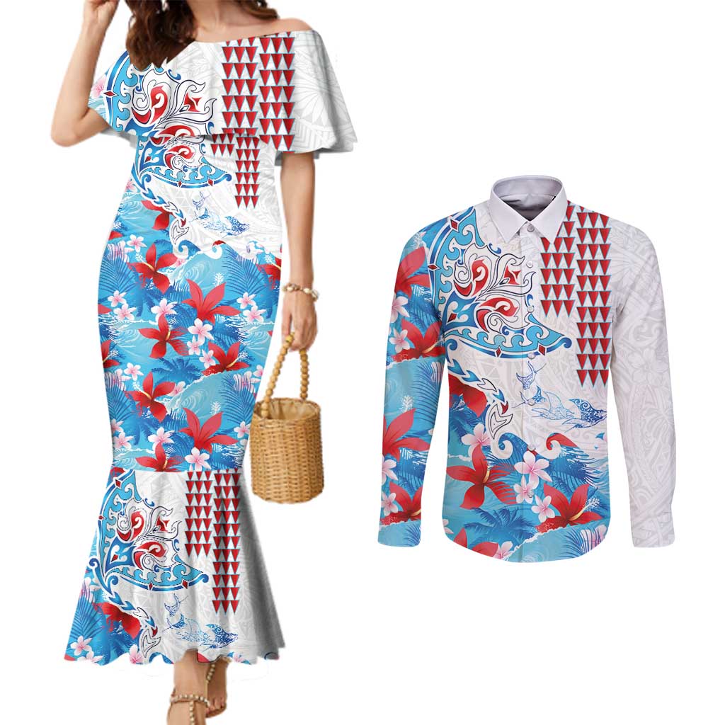 Hawaiian Tribal Manta Ray Couples Matching Mermaid Dress and Long Sleeve Button Shirt Kakau Tattoo and Flowers Surfing Waves Pattern Ocean Color