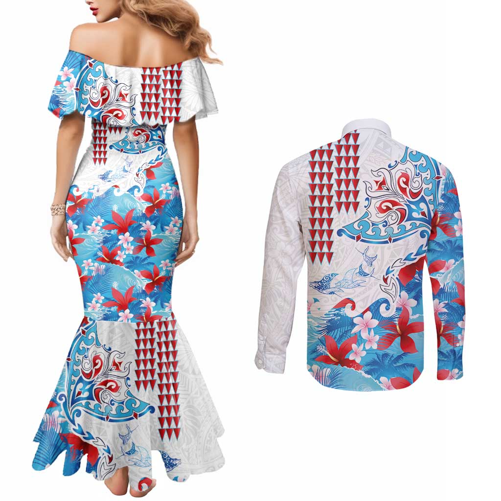 Hawaiian Tribal Manta Ray Couples Matching Mermaid Dress and Long Sleeve Button Shirt Kakau Tattoo and Flowers Surfing Waves Pattern Ocean Color