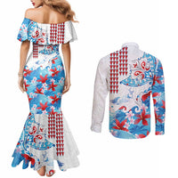 Hawaiian Tribal Manta Ray Couples Matching Mermaid Dress and Long Sleeve Button Shirt Kakau Tattoo and Flowers Surfing Waves Pattern Ocean Color