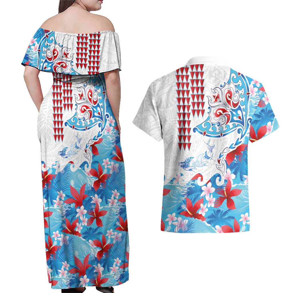 Hawaiian Tribal Manta Ray Couples Matching Off Shoulder Maxi Dress and Hawaiian Shirt Kakau Tattoo and Flowers Surfing Waves Pattern Ocean Color LT03 - Polynesian Pride