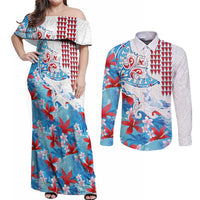 Hawaiian Tribal Manta Ray Couples Matching Off Shoulder Maxi Dress and Long Sleeve Button Shirt Kakau Tattoo and Flowers Surfing Waves Pattern Ocean Color