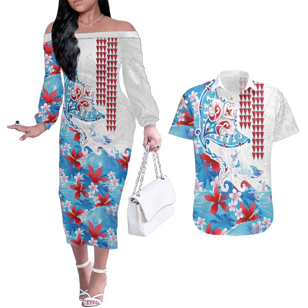 Hawaiian Tribal Manta Ray Couples Matching Off The Shoulder Long Sleeve Dress and Hawaiian Shirt Kakau Tattoo and Flowers Surfing Waves Pattern Ocean Color LT03 Multicolor - Polynesian Pride