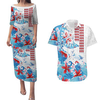 Hawaiian Tribal Manta Ray Couples Matching Puletasi and Hawaiian Shirt Kakau Tattoo and Flowers Surfing Waves Pattern Ocean Color