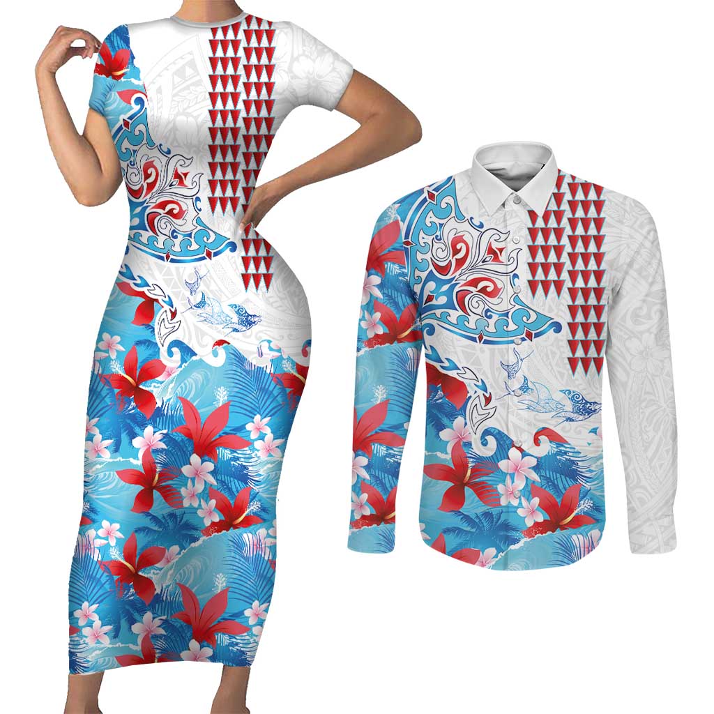 Hawaiian Tribal Manta Ray Couples Matching Short Sleeve Bodycon Dress and Long Sleeve Button Shirt Kakau Tattoo and Flowers Surfing Waves Pattern Ocean Color