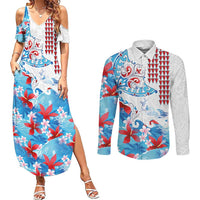 Hawaiian Tribal Manta Ray Couples Matching Summer Maxi Dress and Long Sleeve Button Shirt Kakau Tattoo and Flowers Surfing Waves Pattern Ocean Color